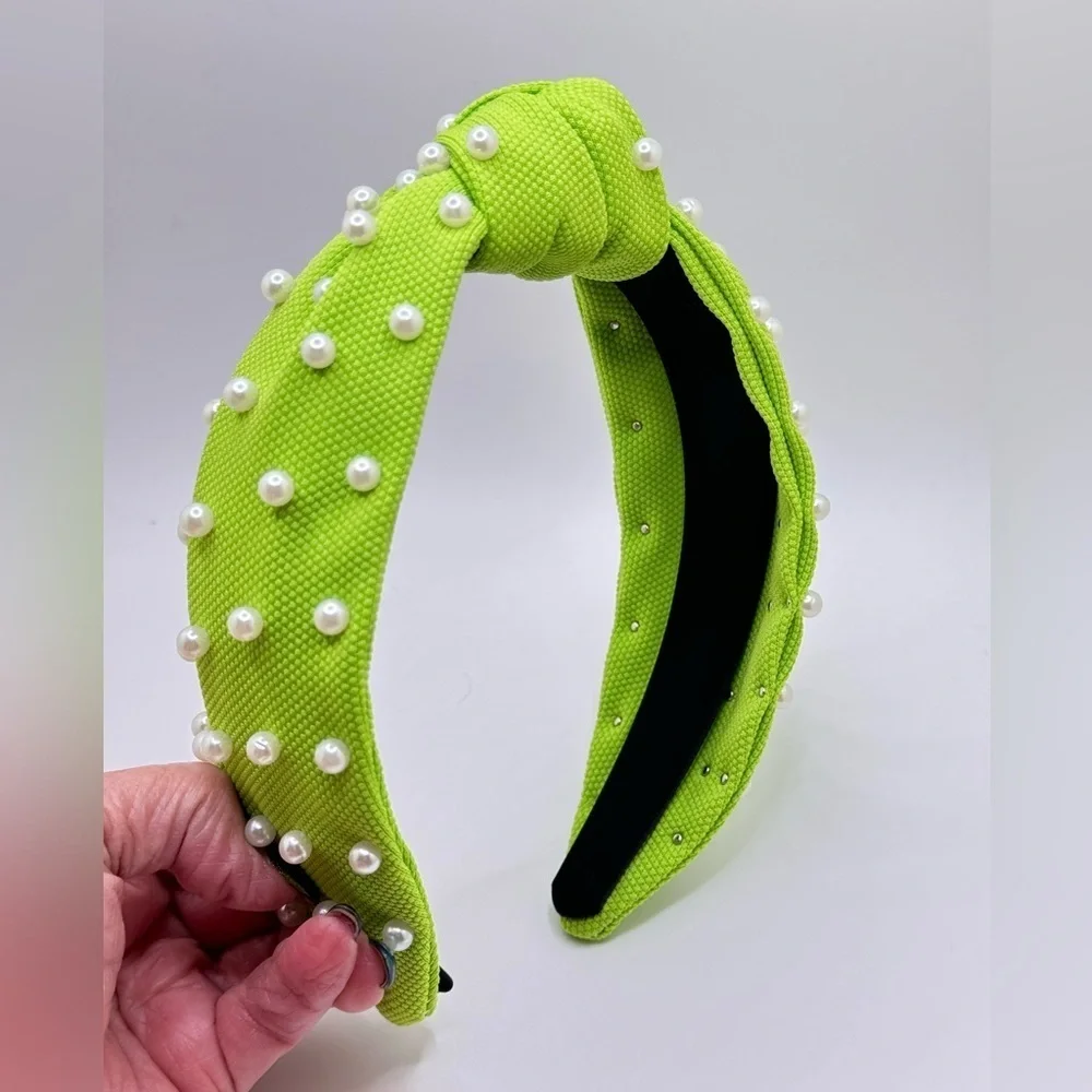 Neon Lime White Pearl Knot Headband